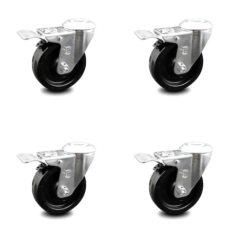 4 Inch Phenolic Wheel Swivel Bolt Hole Caster Set With Total Lock Brake SCC